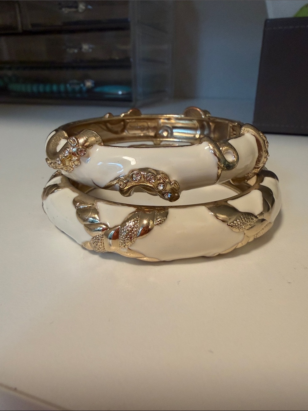 Sequin NYC set of two Gold-Trim Cream Enamel Bangle Bracelet Set